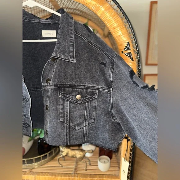 Black Cropped Distressed Denim Jacket by Mono B - Picture 4 of 7